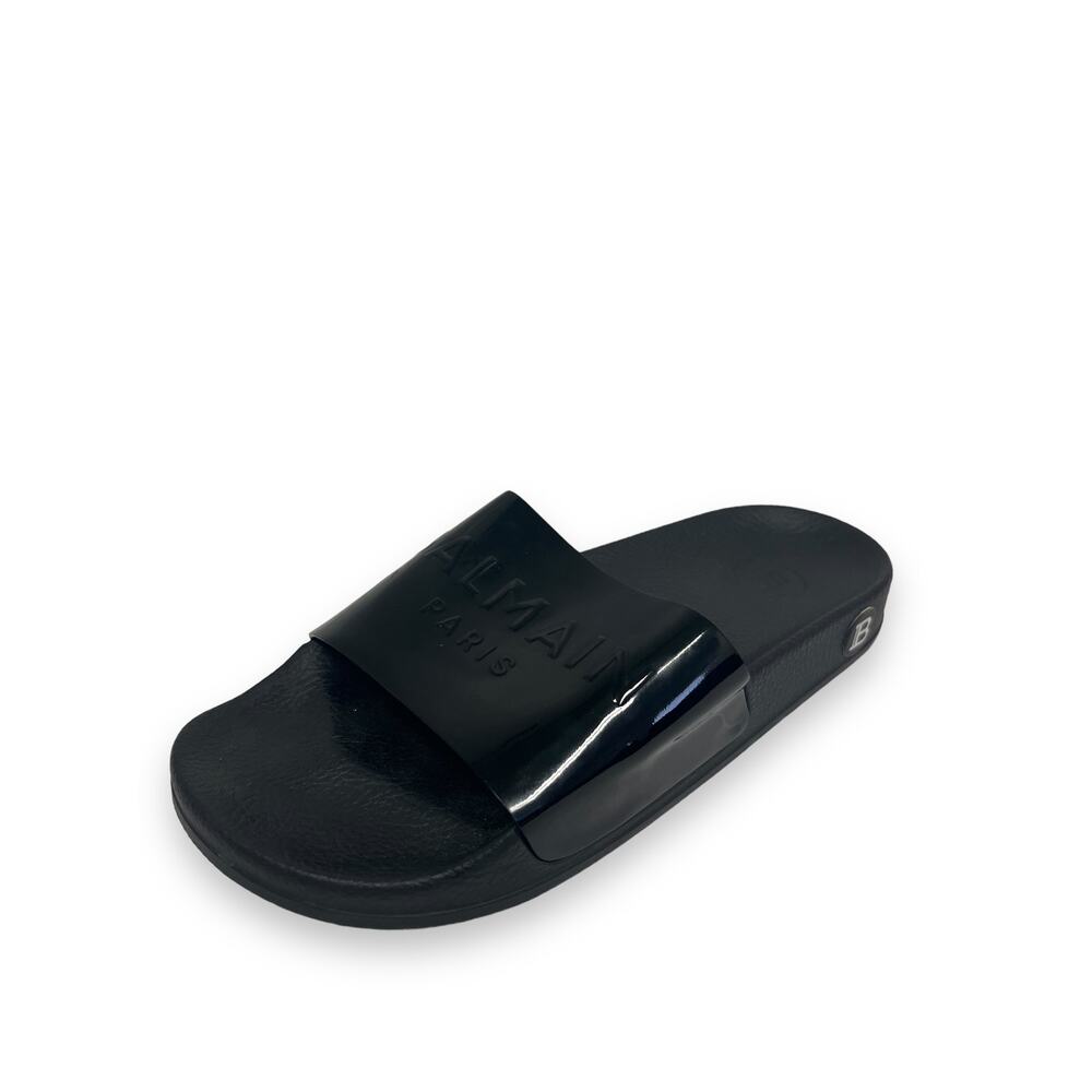 BALMAIN Black Calypso Embossed Patent Leather Logo Flats Slides Size 36 US 6 - Picture 3 of 8
